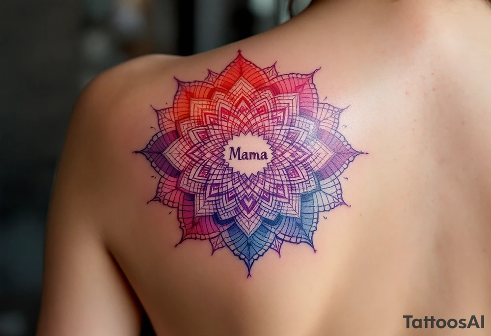 A vibrant mandala in reds and purples surrounding the small word “Mama” in white ink. tattoo idea