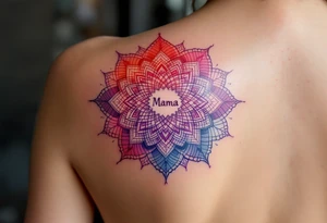 A vibrant mandala in reds and purples surrounding the small word “Mama” in white ink. tattoo idea