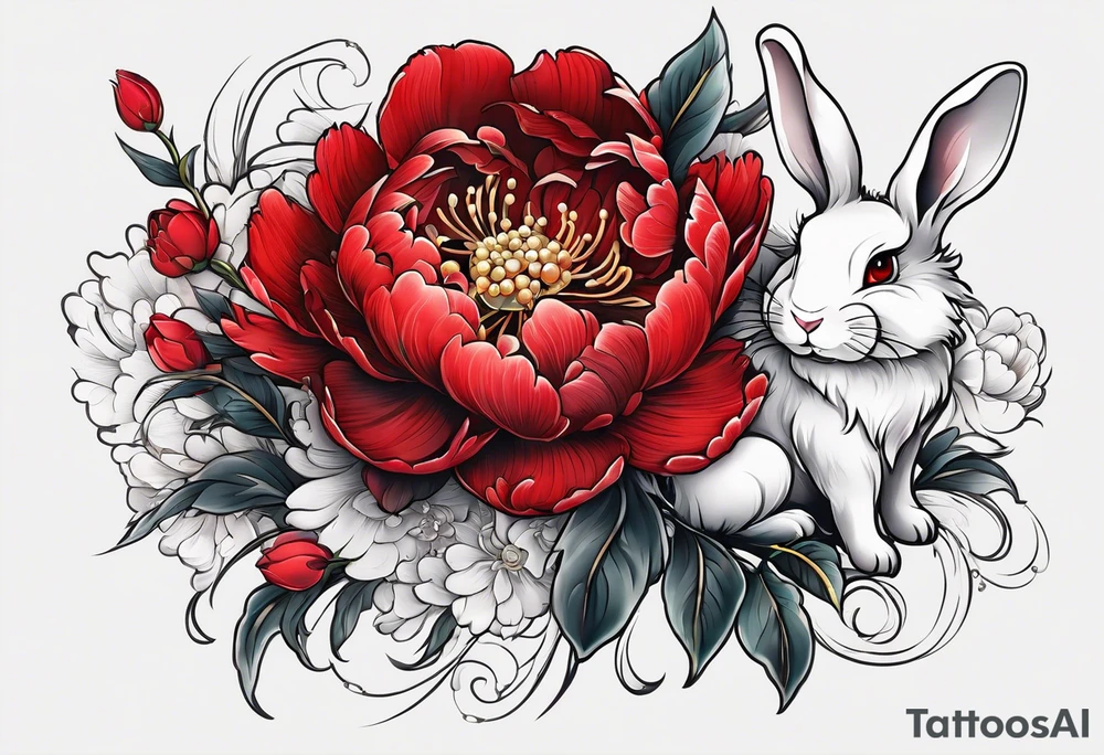 Red peony with pearls dangling and bunny tattoo idea