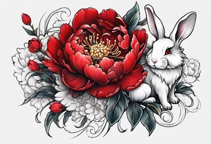 Red peony with pearls dangling and bunny tattoo idea