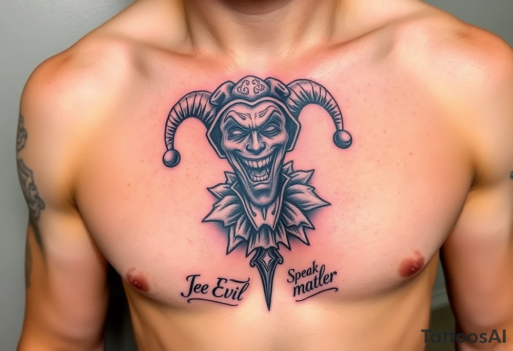 jester see no evil hear no evil speak no evil laugh now cry later tattoo idea