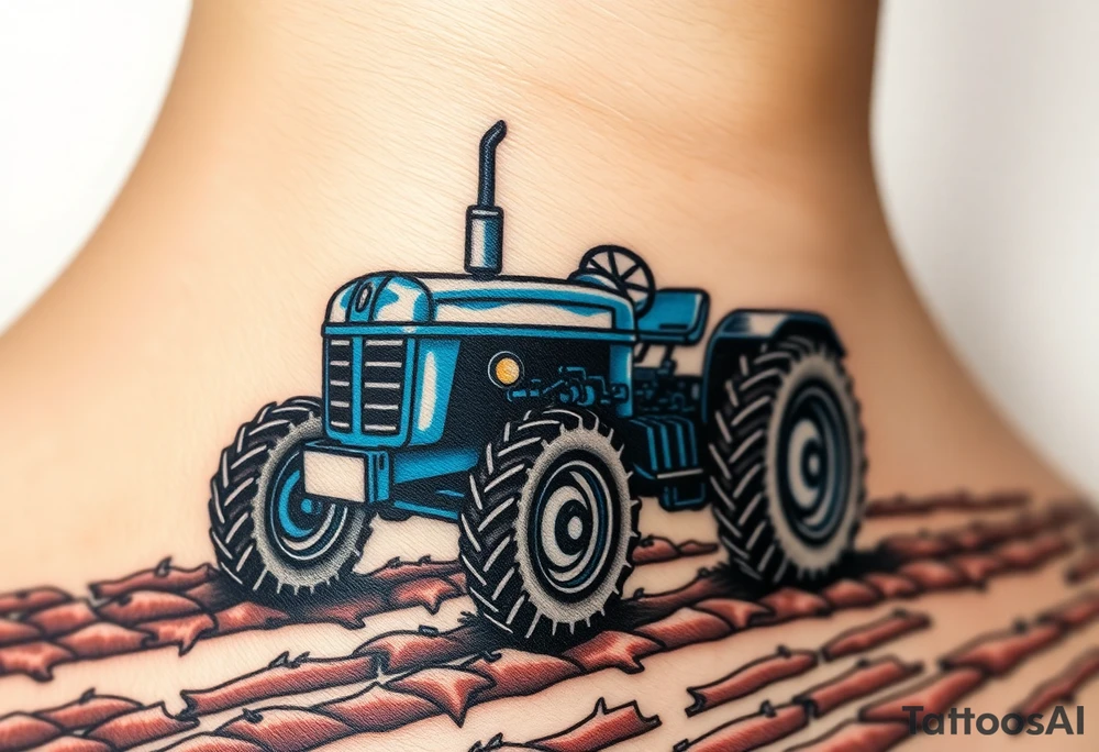 A detailed blue tractor with headlights glowing, standing proudly on a freshly tilled farm field. tattoo idea