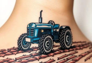 A detailed blue tractor with headlights glowing, standing proudly on a freshly tilled farm field. tattoo idea