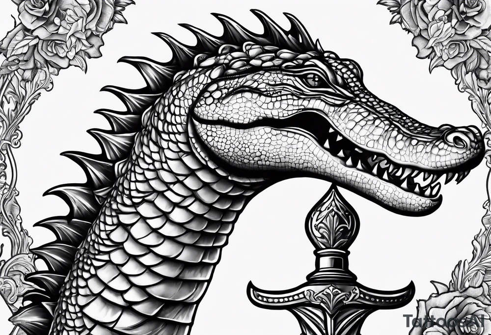 Dagger made out of an alligator with a sexy woman on the handle tattoo idea