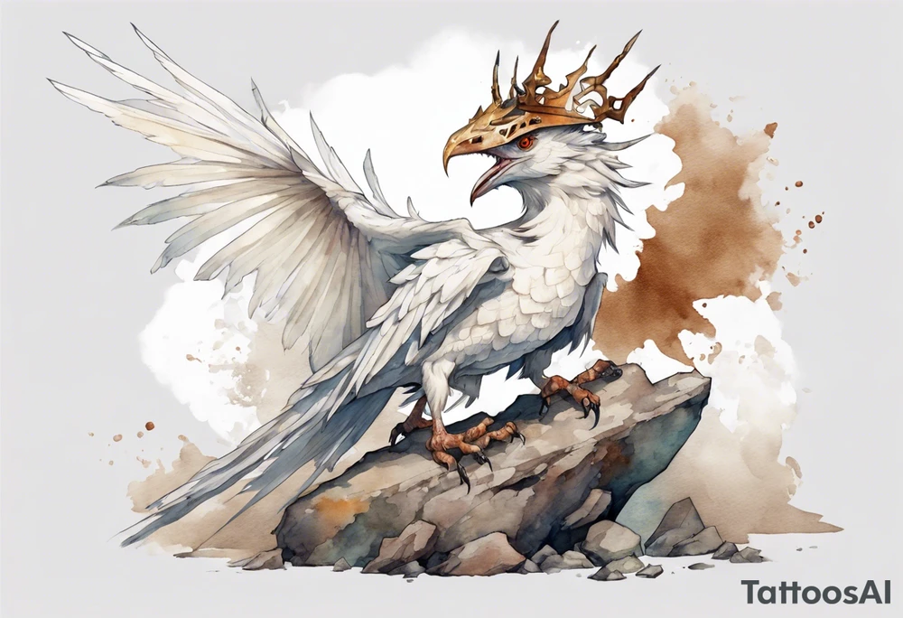 a white bird-wyvern hybrid, wearing a rusted iron crown, perched on a stone tattoo idea
