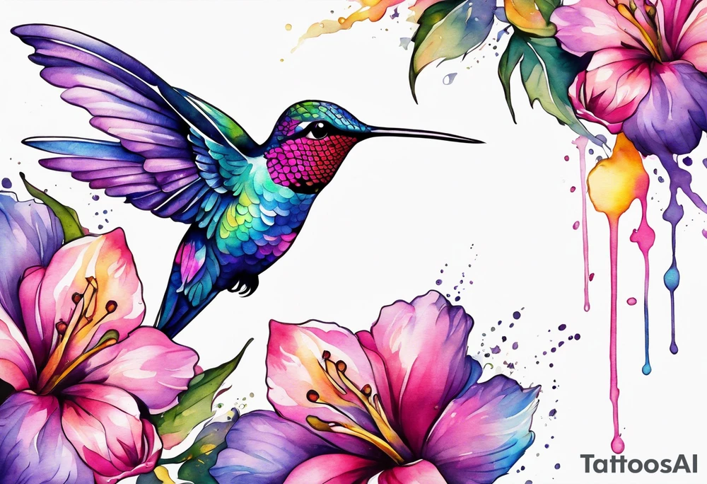 hummingbird watercolor pink purple blue yellow tattoo idea