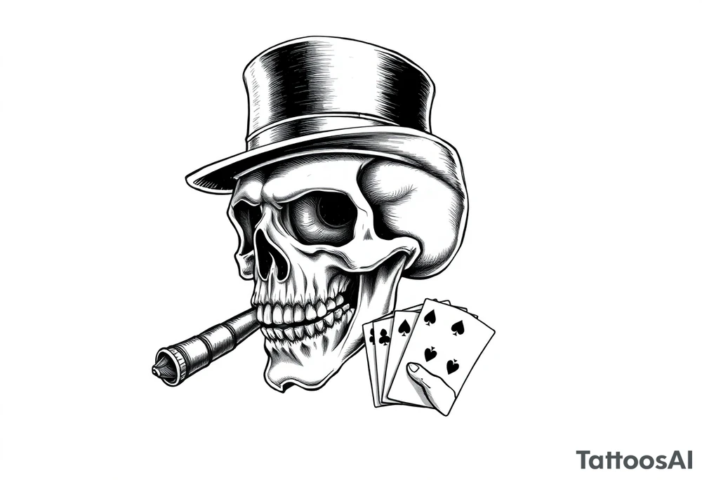 a skull with mustache, a big cigar in his mouth,top-hat on his head and playing cards in a hand. tattoo idea