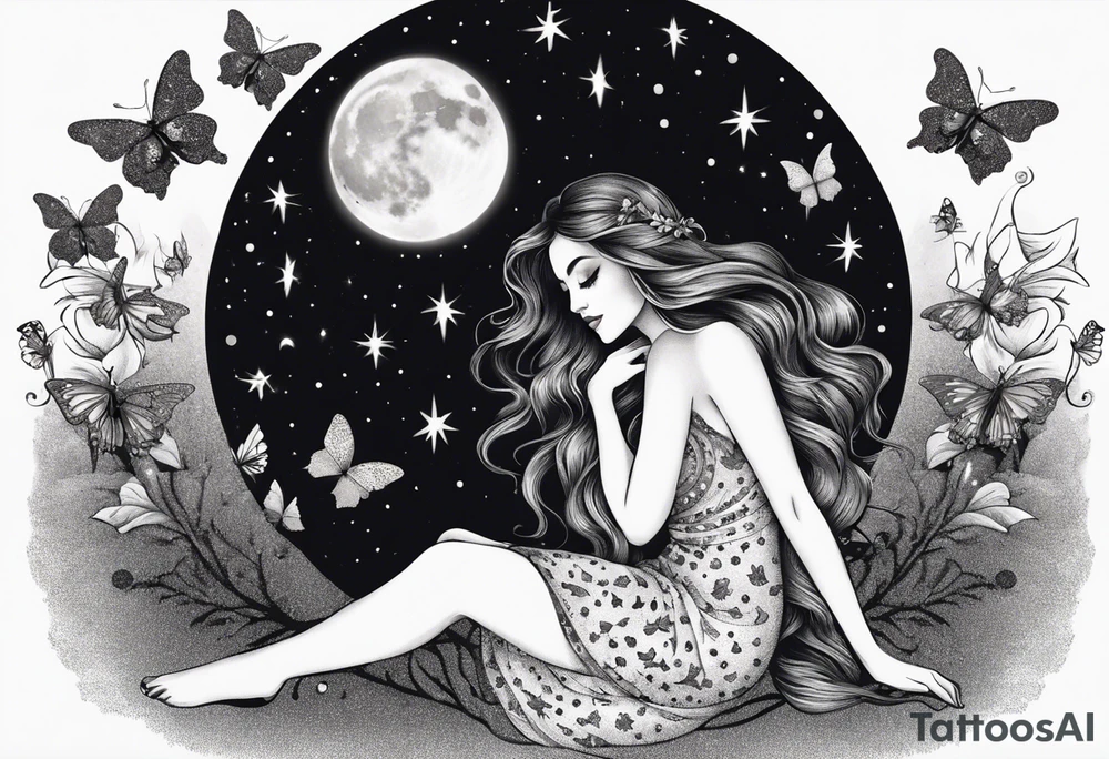 Beautiful woman with butterflies in her long wavy hair sitting on a half moon, with a moon and star background tattoo idea