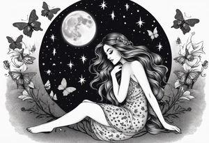 Beautiful woman with butterflies in her long wavy hair sitting on a half moon, with a moon and star background tattoo idea
