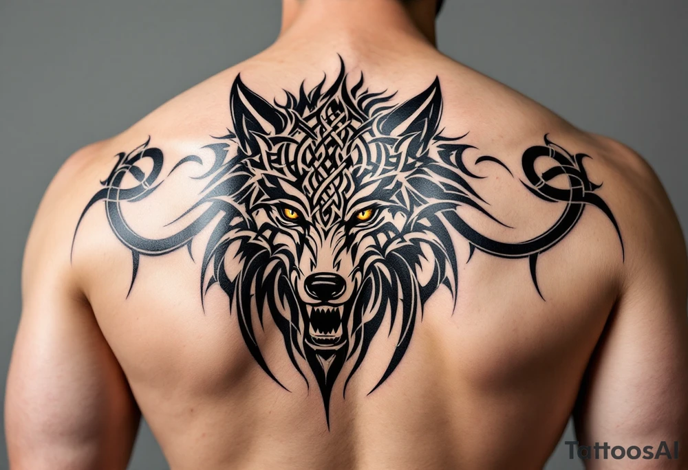 Celtic Tribal Wolf Head – Stylized wolf head formed from intricate black and dark gray Celtic knots, facing forward with piercing amber eyes. tattoo idea