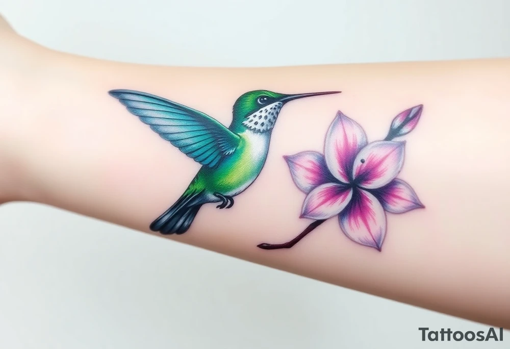 A hummingbird in iridescent green and blue shades, hovering near a blossoming flower, embodying endurance and positivity tattoo idea