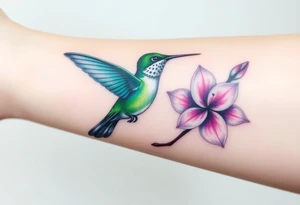 A hummingbird in iridescent green and blue shades, hovering near a blossoming flower, embodying endurance and positivity tattoo idea