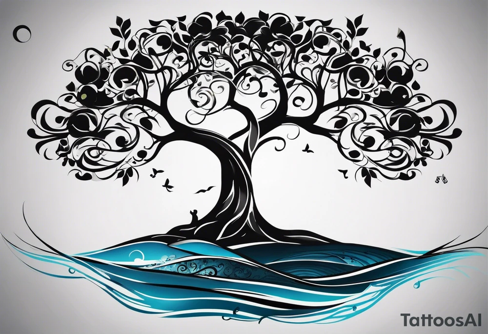 A tattoo design that incorporates the following elements: an abstract tree of life that has roots emerging  from the ground. Waves of water wrap around the tree in a non symmetrical design.  Incorporate musical notes into the tree. the letters U and A are overlapping and engraved into the tree. A golf flag incorporated but not prominent tattoo idea