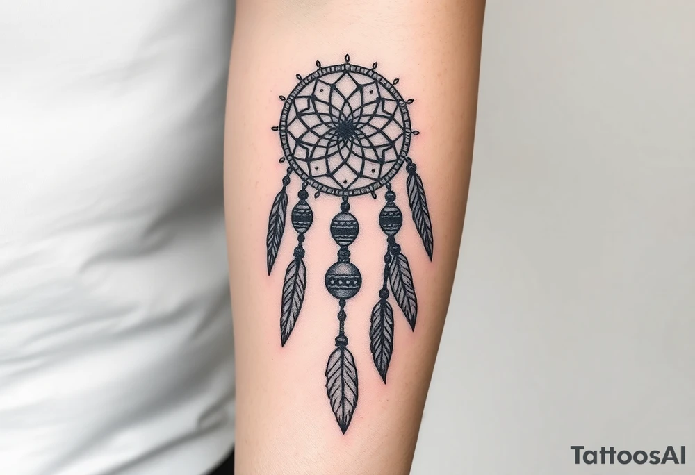 native dreamcatcher with flowing feathers and sacred beads tattoo idea