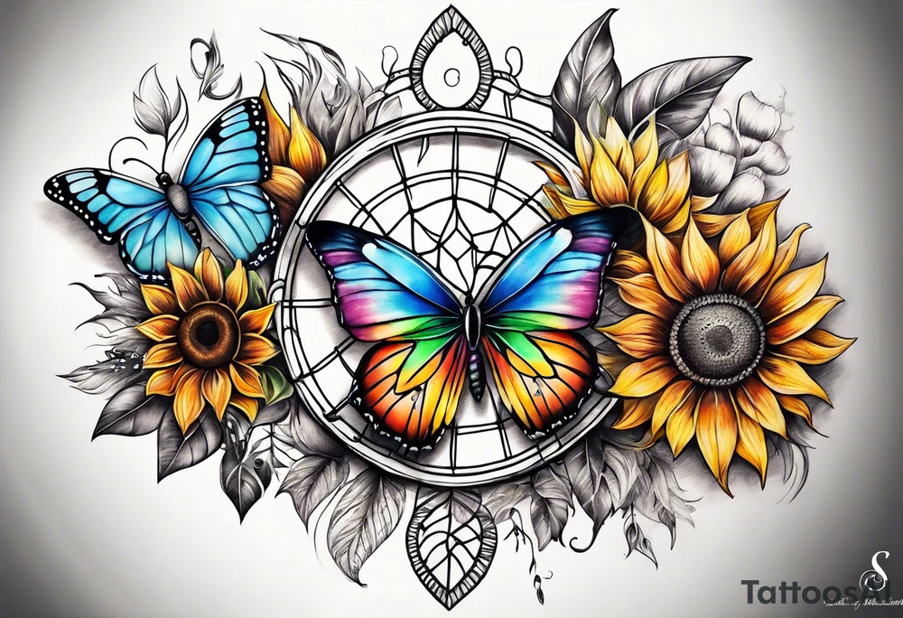 Quarter Leg sleeve with dreamcatcher, rainbow sunflowers and one butterfly tattoo idea