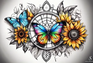 Quarter Leg sleeve with dreamcatcher, rainbow sunflowers and one butterfly tattoo idea