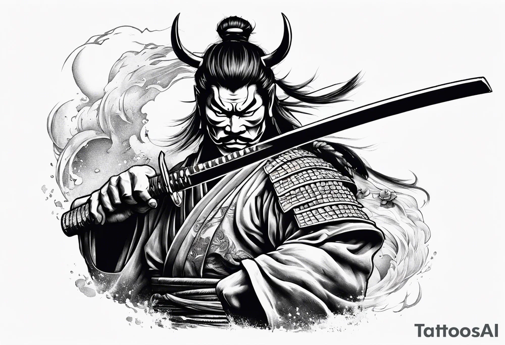 samurai with a hannya mask that covers half of his face who is in a slightly tilted posture holding a katana in an attack position tattoo idea