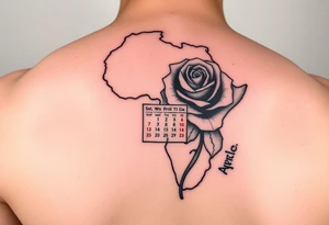 African outline with a calendar showing 12th April with a realistic rose tattoo idea