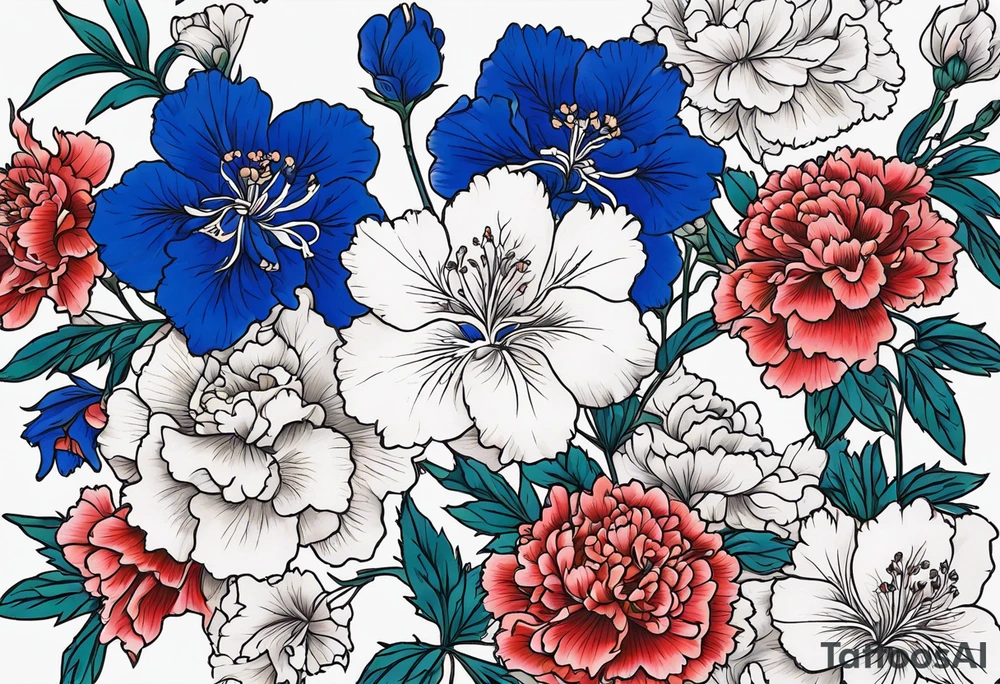 Larkspur flowers and carnation flowers in all color tattoo idea