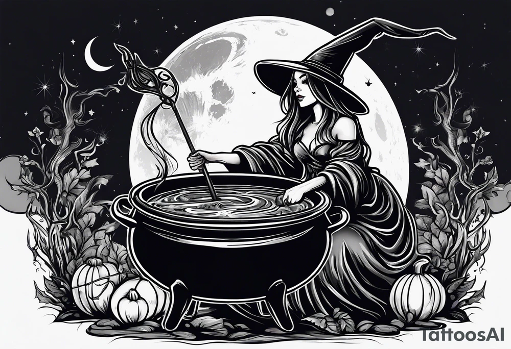 Witch stirring a cauldron under a full moon tattoo idea