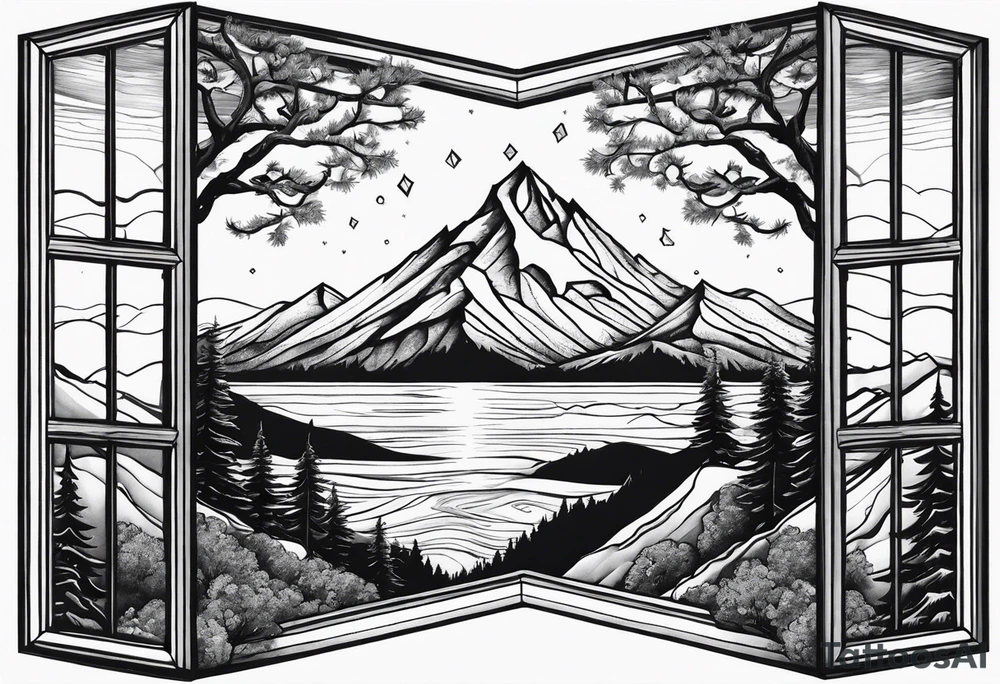 a diamond shaped window with waves crashing on a mountain and tress. 3 stars are in the sky tattoo idea