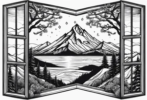 a diamond shaped window with waves crashing on a mountain and tress. 3 stars are in the sky tattoo idea