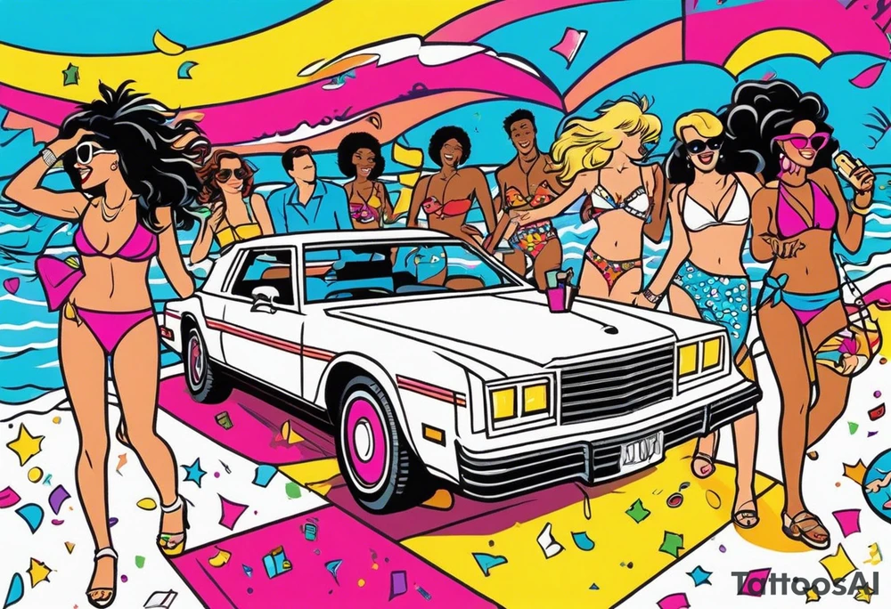 1980's miami vice style beach dance 
party, include confetti, music notes, boom box, bikinis tattoo idea