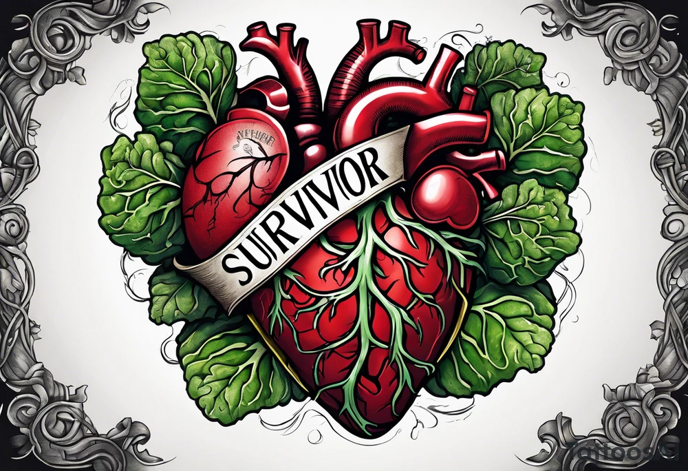 Manly Human heart intertwined with cabbage leaves and the word “survivor” tattoo idea