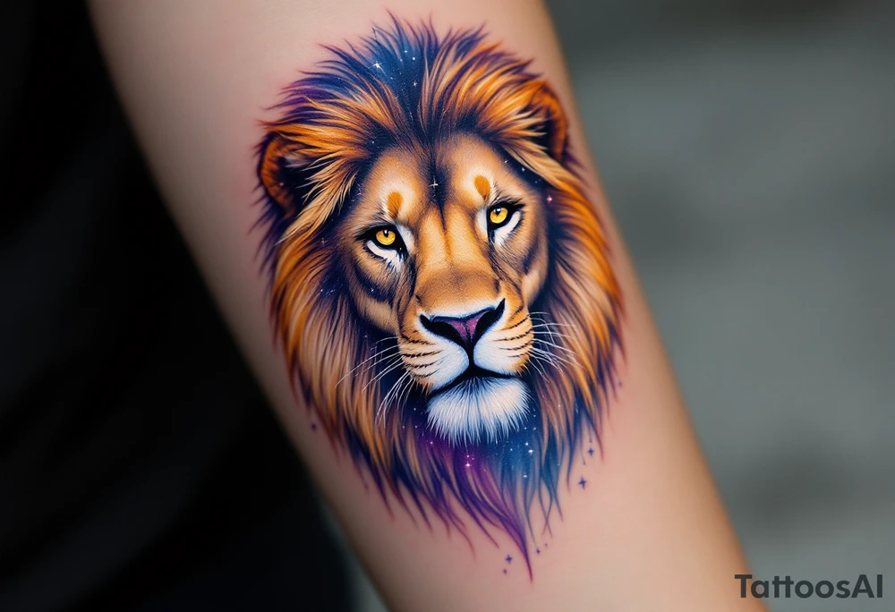 A Leo zodiac symbol and vivid leo star line constellation rests between the eyes of a golden lion whose mane dissolves into a trail of starlit purple and blue. tattoo idea