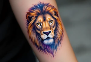 A Leo zodiac symbol and vivid leo star line constellation rests between the eyes of a golden lion whose mane dissolves into a trail of starlit purple and blue. tattoo idea
