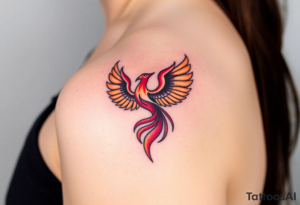 Square, phoenix rising from fire with both wings opened, colors red, pink, orange and purple. tattoo idea