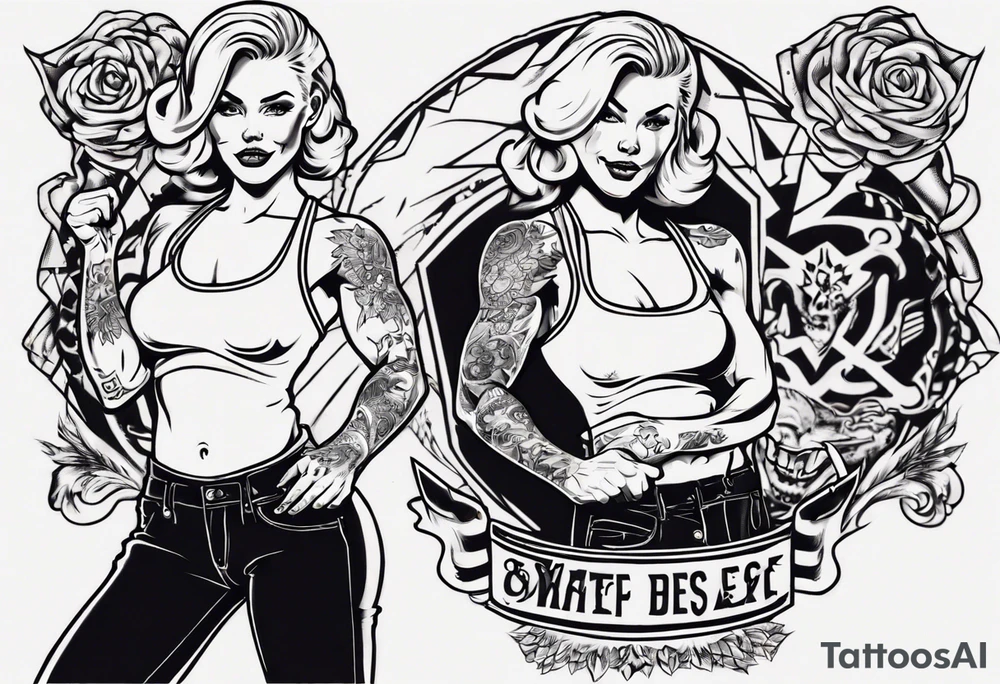 Blonde tattooed woman flexing one bicep with a banner tattoo idea