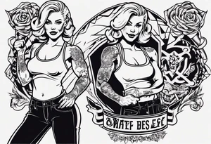 Blonde tattooed woman flexing one bicep with a banner tattoo idea