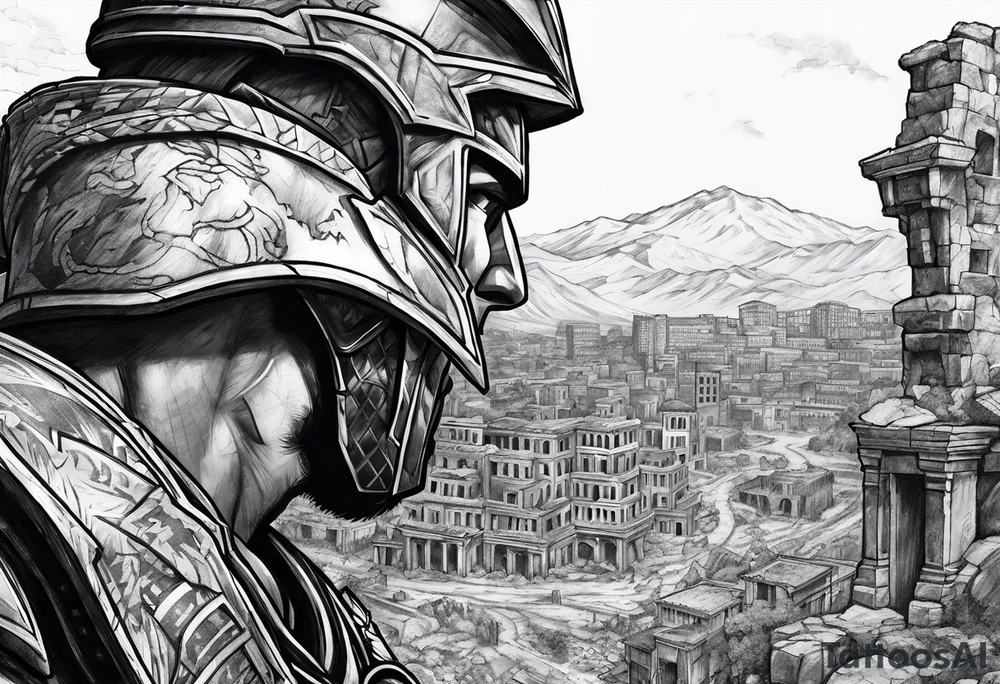 Spartan Soilder looking at city ruins tattoo idea