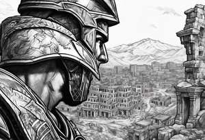 Spartan Soilder looking at city ruins tattoo idea
