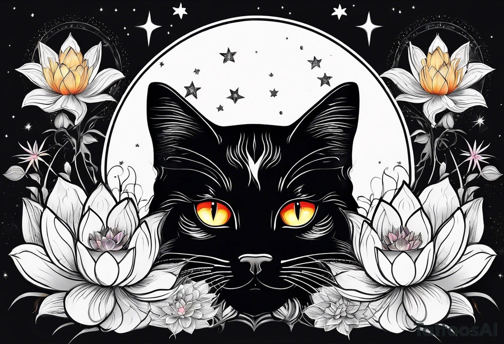 Photo realistic black cat head with moon and stars and lotus flower tattoo idea