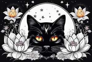 Photo realistic black cat head with moon and stars and lotus flower tattoo idea