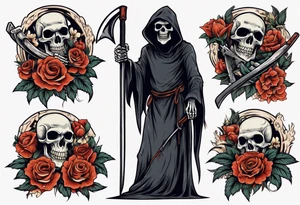 grim reaper holding scythe, half body, flowers, traditional tattoo idea
