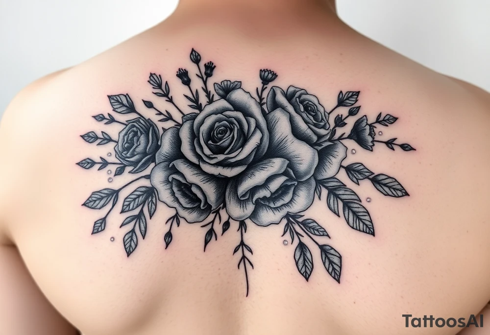 vintage bouquet of wild roses and meadow flowers with morning dew tattoo idea