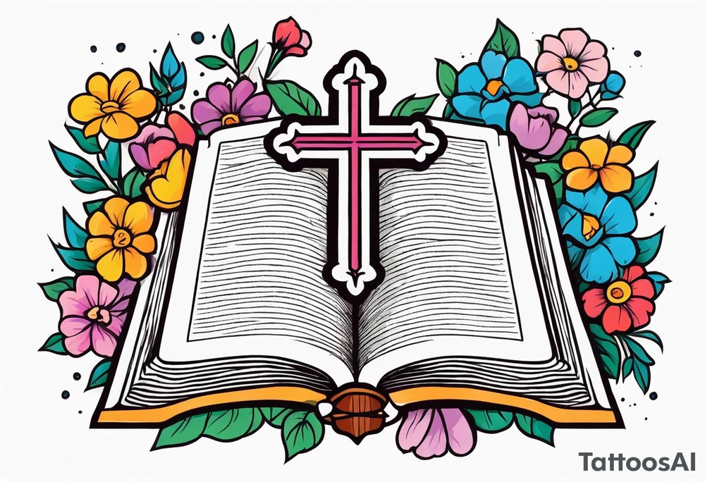 front of bible with cross on bible surrounded by flowers
colorful bold colors tattoo idea