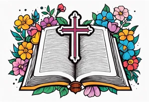 front of bible with cross on bible surrounded by flowers
colorful bold colors tattoo idea