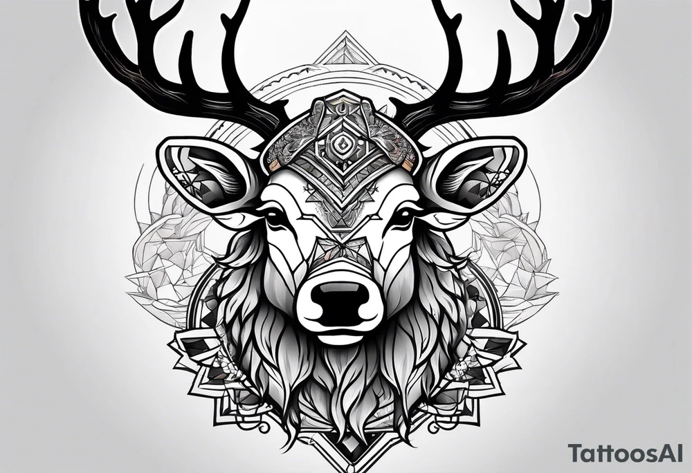 back tattoo of a front view reindeer with half the face as a skull tattoo idea