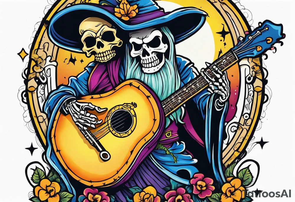 Wizard skeleton with guitar tattoo idea