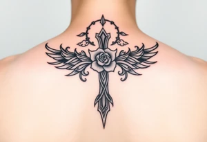 A very detailed cross with thorns vines from a rose with a halo above it and clouds around it and possibly wings on the sides or no wings in the sides but is a very detailed tattoo for my shoulder tattoo idea