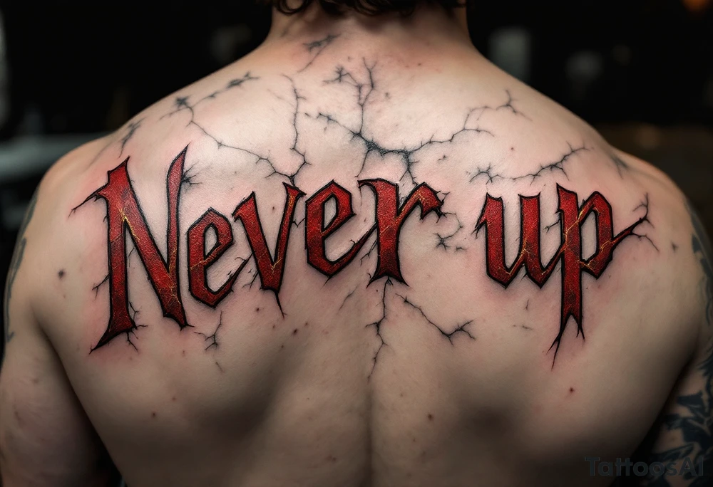 “Never give up” in crimson block letters, cracked like stone with hints of golden resilience lines. tattoo idea