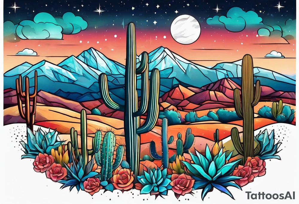 Galaxy sky with Arizona landscape with cactus tattoo idea