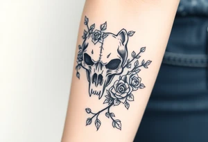 gothic bear skull intertwined with climbing roses and thorny vines tattoo idea