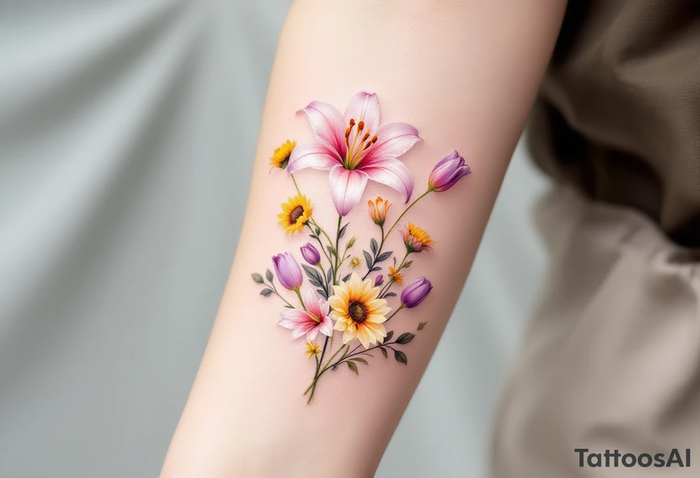 Small Stargazer lillies pale pink with no outline 
with small yellow sunflowers and pale purple tulip buds in a dainty wildflower bouquet with light green stems. Low detail. tattoo idea