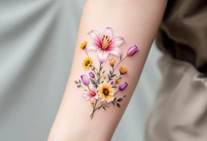 Small Stargazer lillies pale pink with no outline 
with small yellow sunflowers and pale purple tulip buds in a dainty wildflower bouquet with light green stems. Low detail. tattoo idea