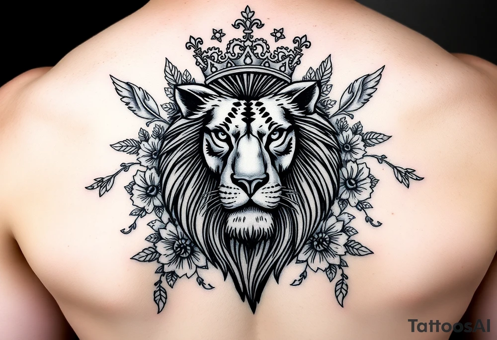 powerful majestic lion with a crown, surrounded by floral ornaments and birds tattoo idea